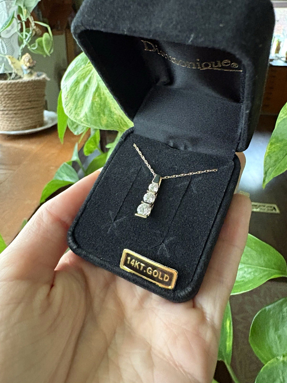 Diamonique 14k Yellow Gold CZ 3-Stone Bar Pendant Necklace 18in Cable