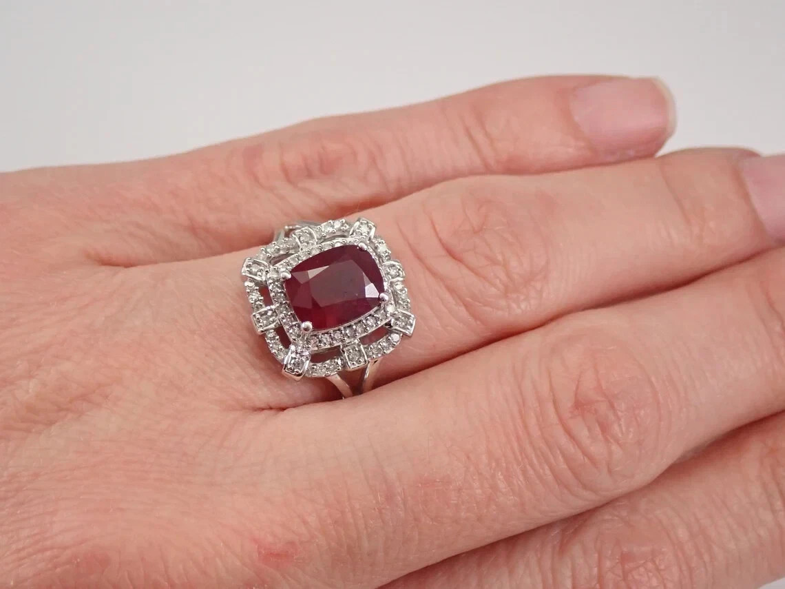 4.72 Ct Cushion Cut Natural Ruby Diamond Engagement Ring 14K Solid White Gold 6