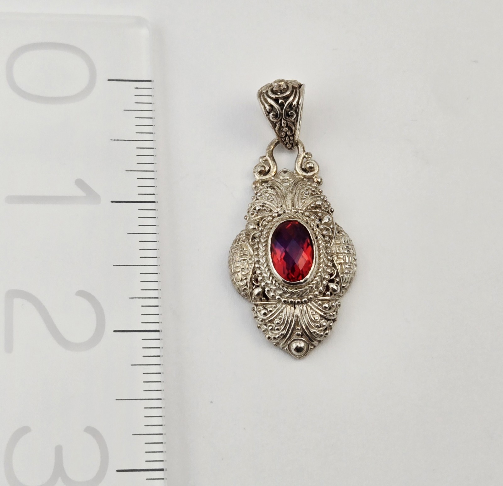Sterling Silver Red Gemstone Sarda Filigree Pendant Bali Enhancer – 12.0g