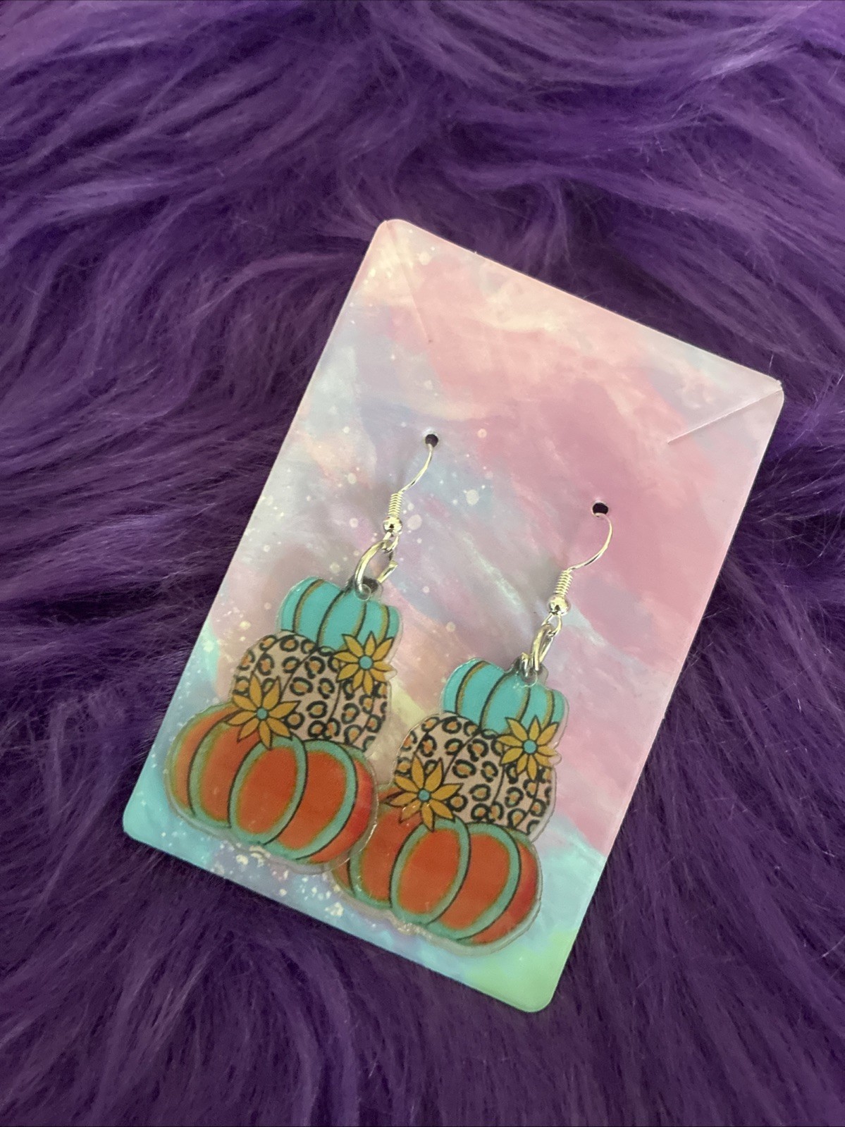Autumn Acrylic Pumpkin Shaped Drop Style Earrings. Perfect For Halloween, Fall