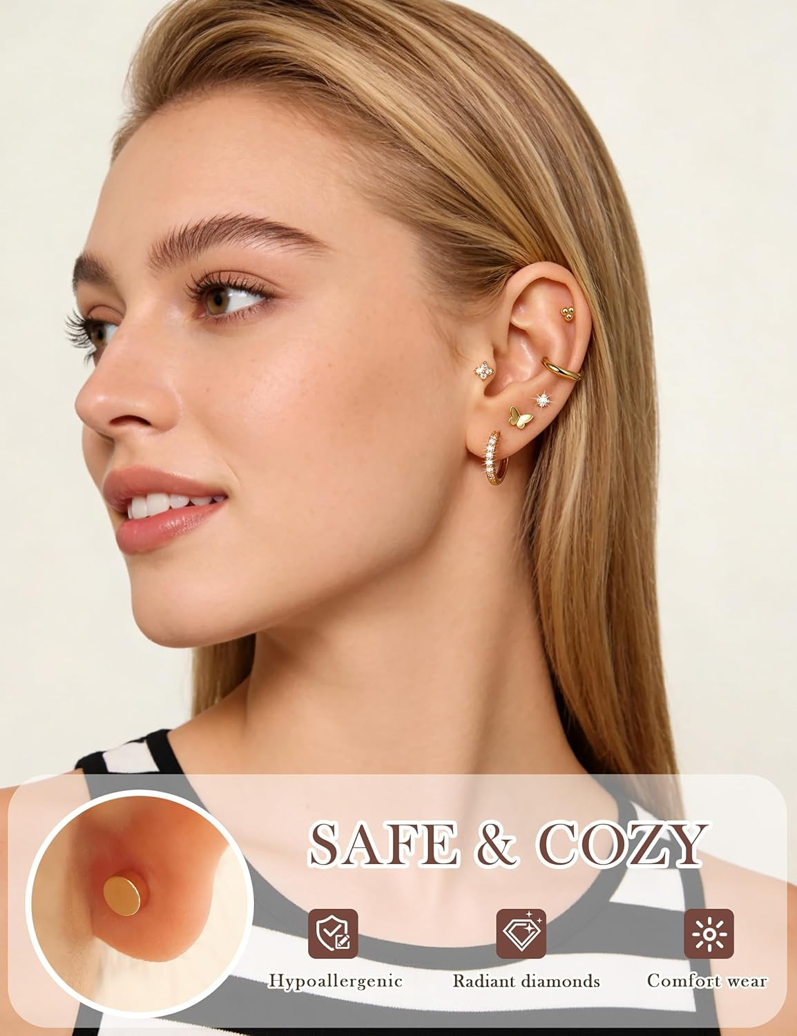 15 Pairs Hypoallergenic Flat Back Cartilage Earrings for Women, Stainless Steel