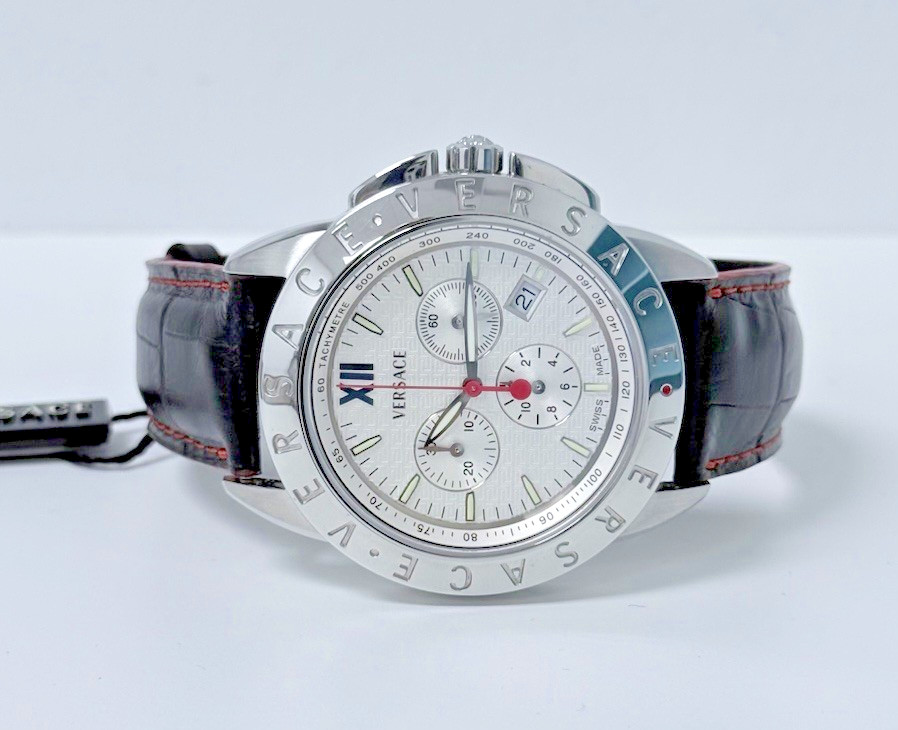 Versace V-Sport Men’s White Chronograph Dial BlackRed Leather Strap Watch 12C99