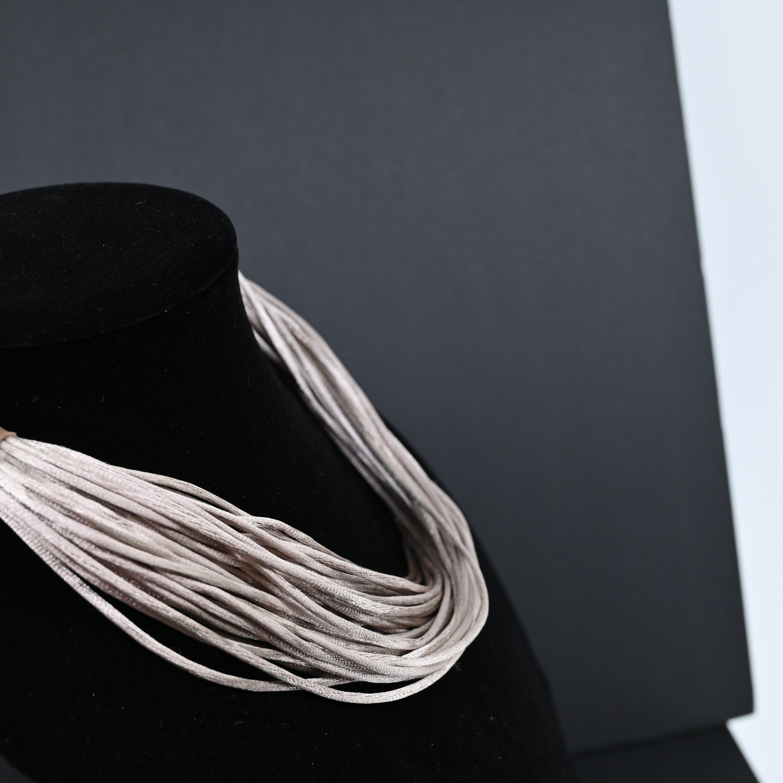 Multi Strand Cord Statement Necklace Silver Taupe Satin Fabric Adjustable 20″