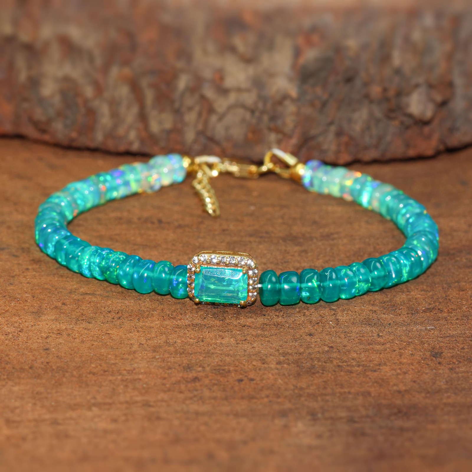 Green Opal Charm Bracelet, Gold Filled, October Birthstone