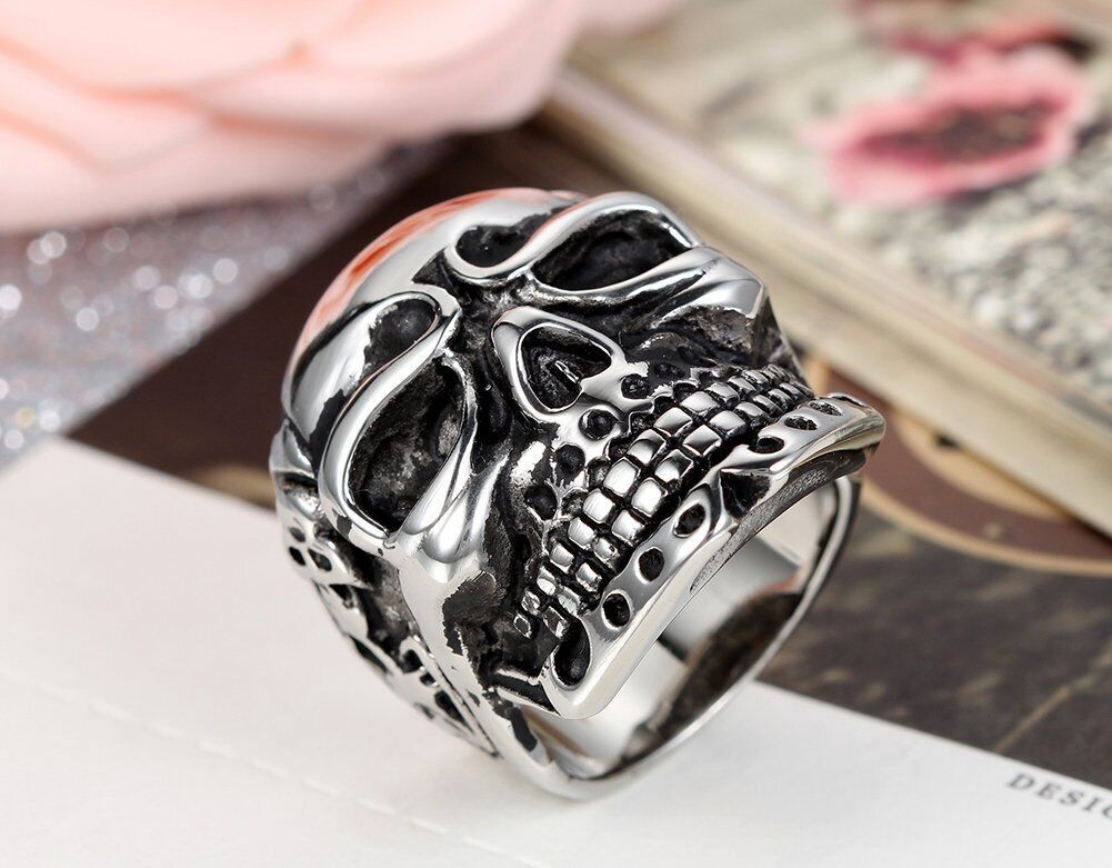 Men’s Punk Gothic Biker Skeleton Skull Playing Card Ring Stainless Steel Band US