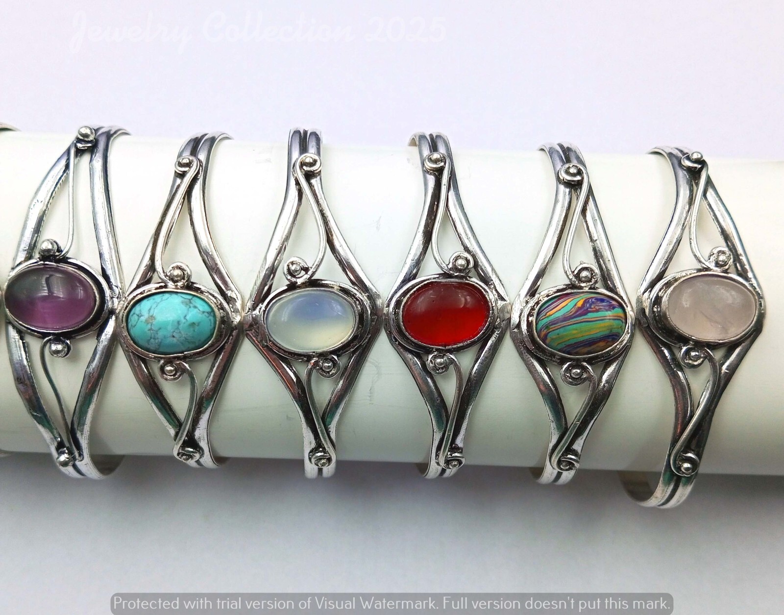 Amethyst & Mix Gemstone 5PCS Cuff Bangles 925 Silver Plated Wholesale Jewelry
