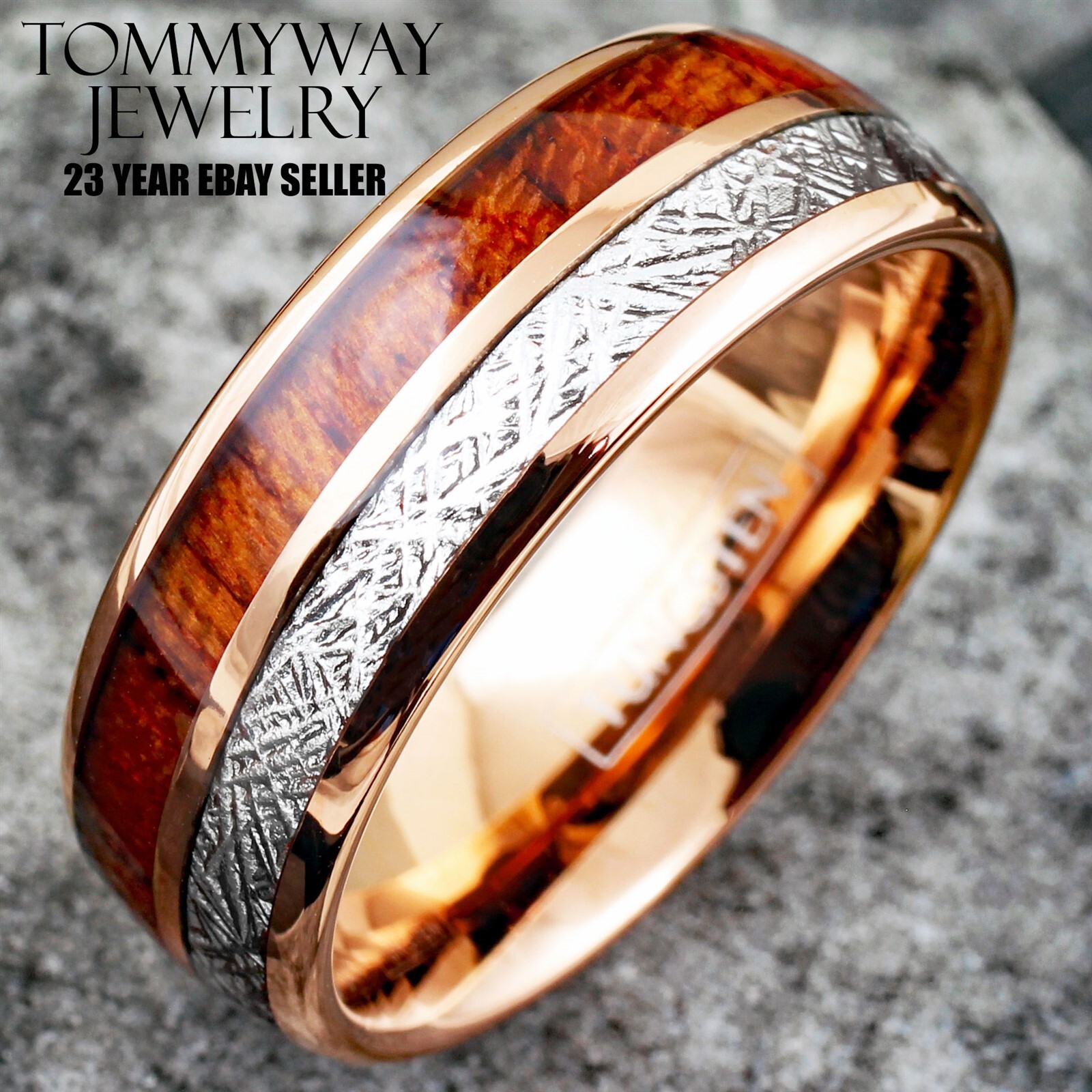 6/8mm Rose Gold Plated Tungsten Wood & Meteorite Men’s Wedding Band Ring
