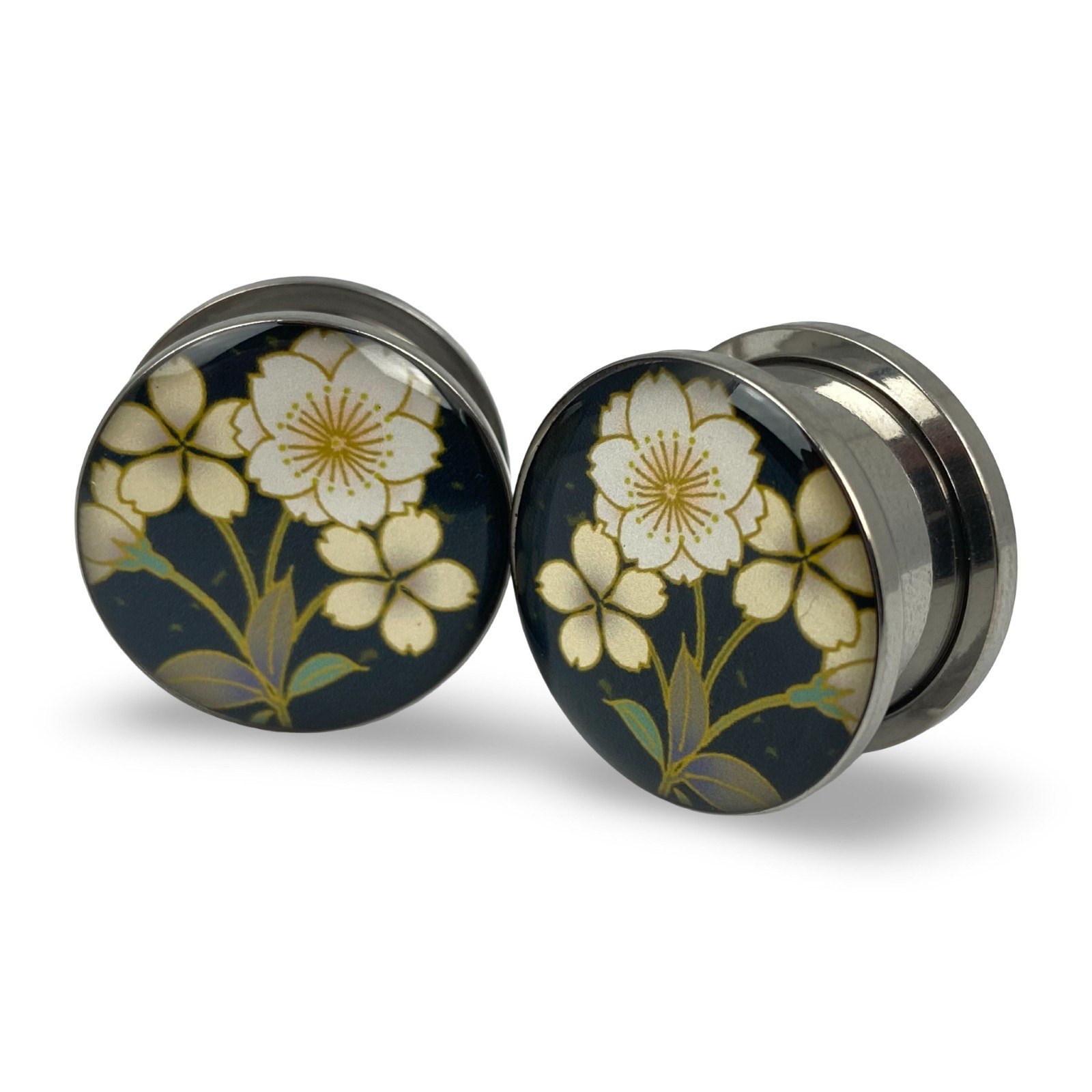 Pair of Screw on Flower Style 4 Picture Plugs gauges 16g thru 1 inch