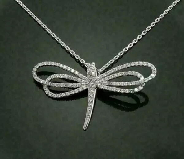 Pretty 1.20Ct Round Cut Diamond Dragonfly Pendant 14K White Gold Over Free chain