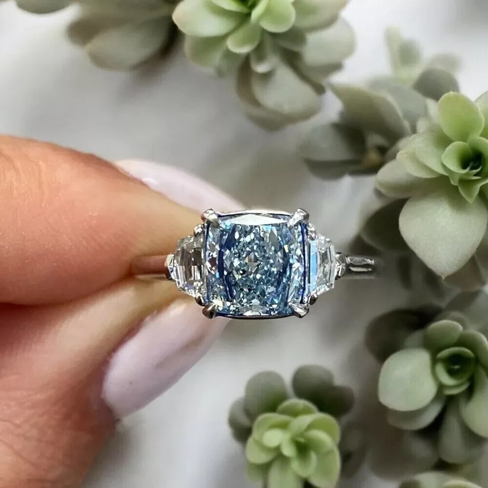 IGI Lab Grown Fancy Vivid Blue Diamond Ring 4.30 Ct Cushion Cut in 950 Platinum
