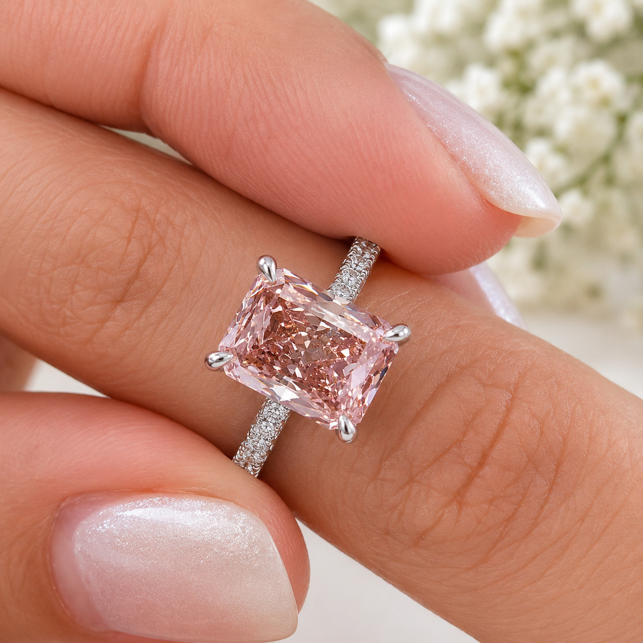 Fancy Vivid Pink IGI Lab Created Diamond Ring 18k White Gold 3.75 Ct Radiant Cut
