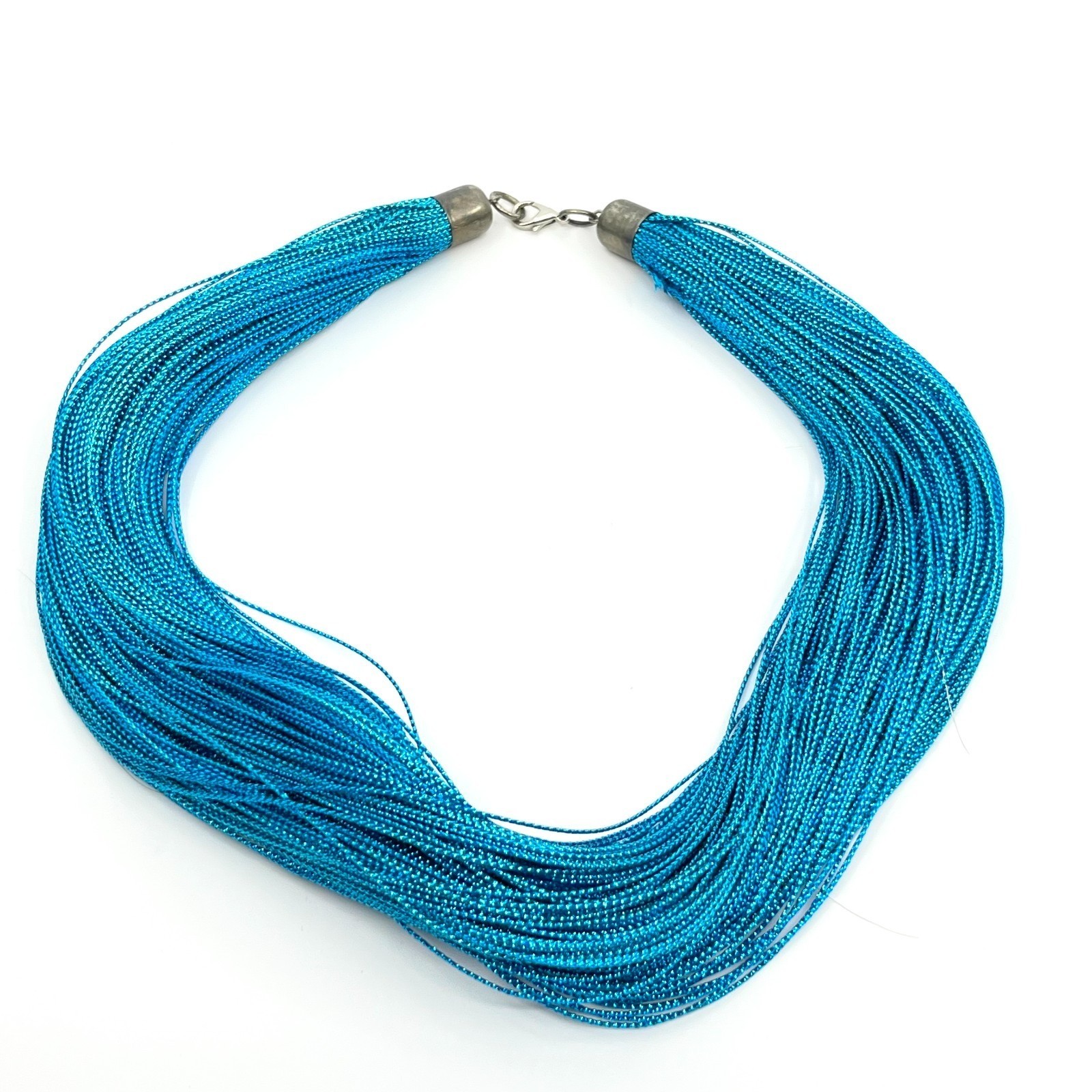 Vintage Retro Multi-Strand Blue Silk Thread Shimmer Choker Necklace Teal Boho