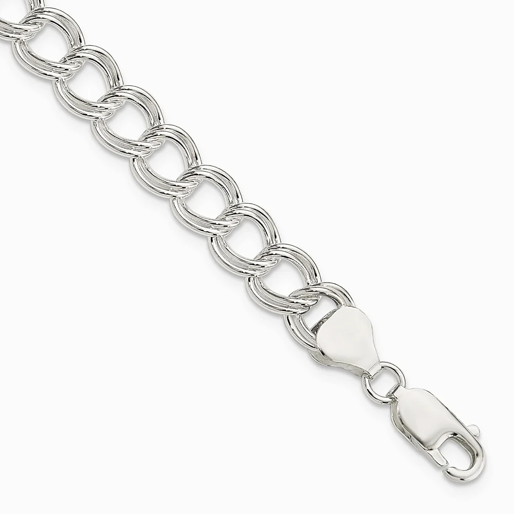 Sterling Silver 7.75mm Solid Double Link Charm Bracelet