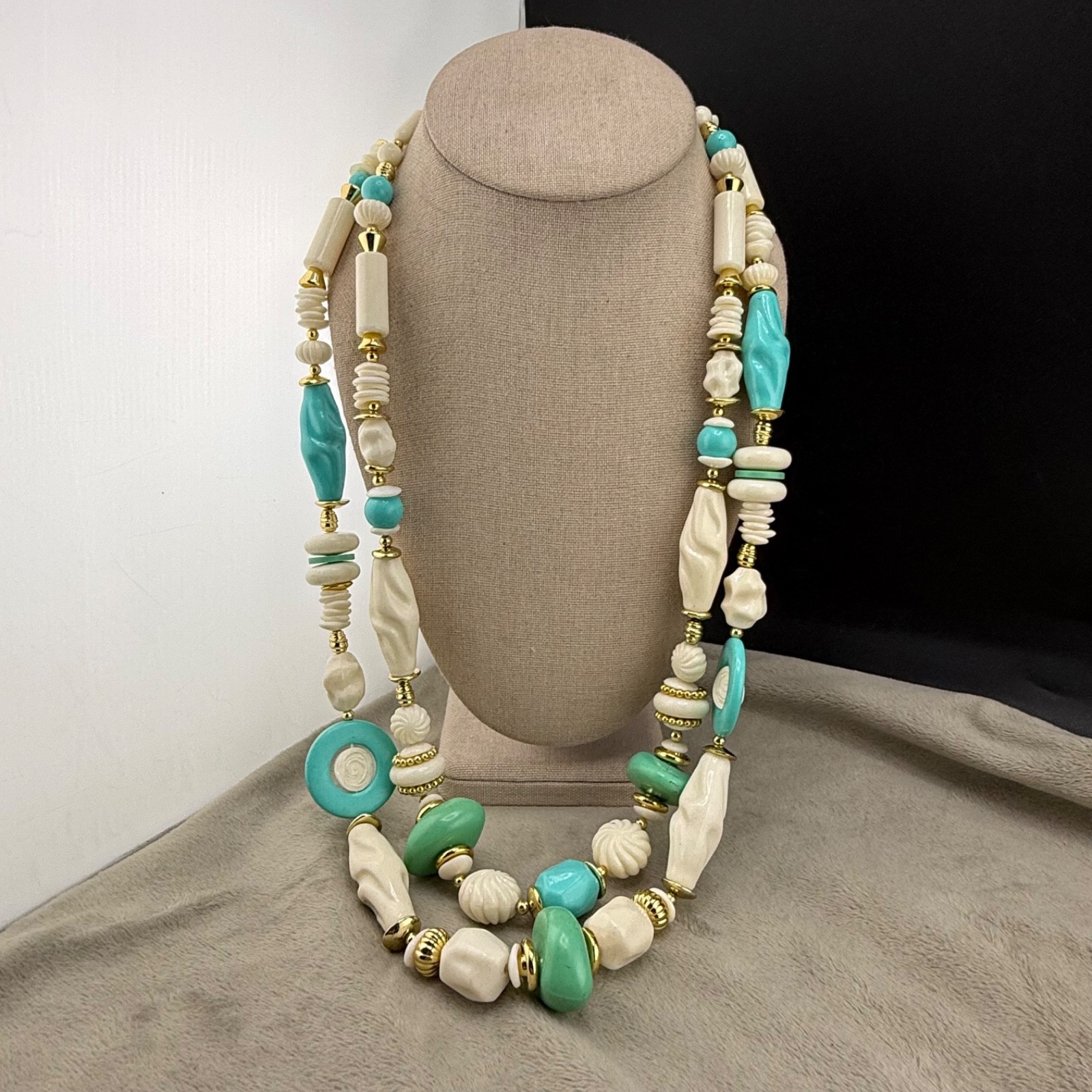 Vintage Beaded Layered Necklace Chunky Blue Green Gold Tone 30″