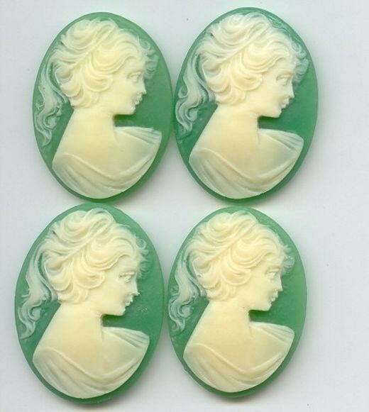 3 VINTAGE VICTORIAN GREEN LADY HEAD PONY TAIL PROFILE 40x30mm. OVAL CAMEOS C46