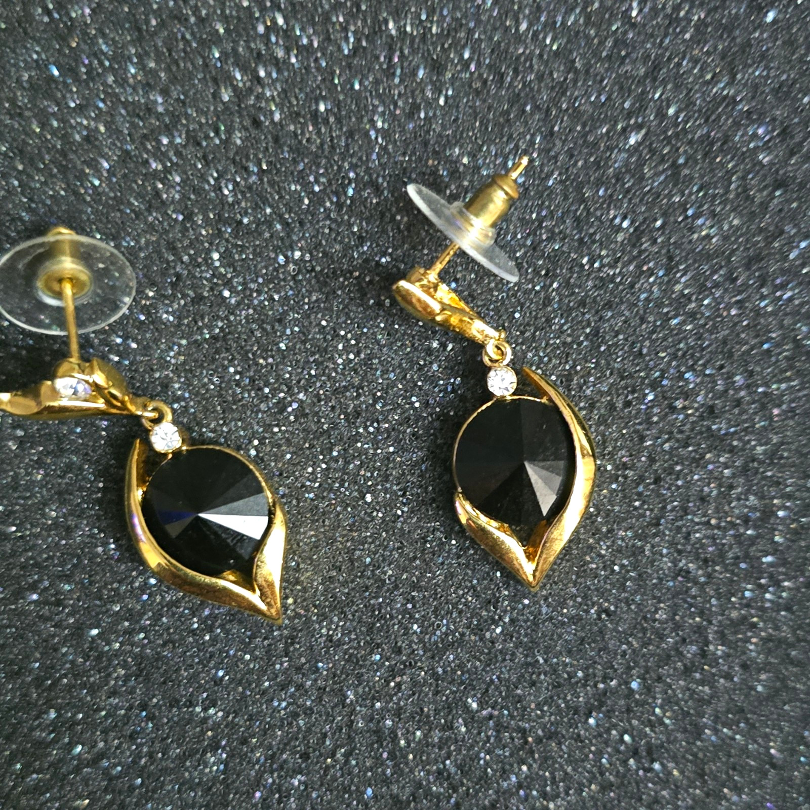 Gold Tone Black Onyx Teardrop Dangle Drop Earrings Crystal Accents Butterfly