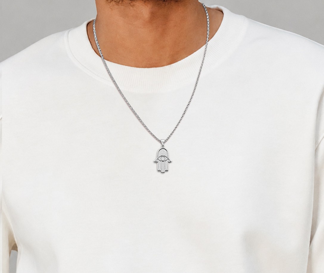 Solid 10K White Gold Hamsa Pendant, Evil Eye Pendant, Large 1.2 inch