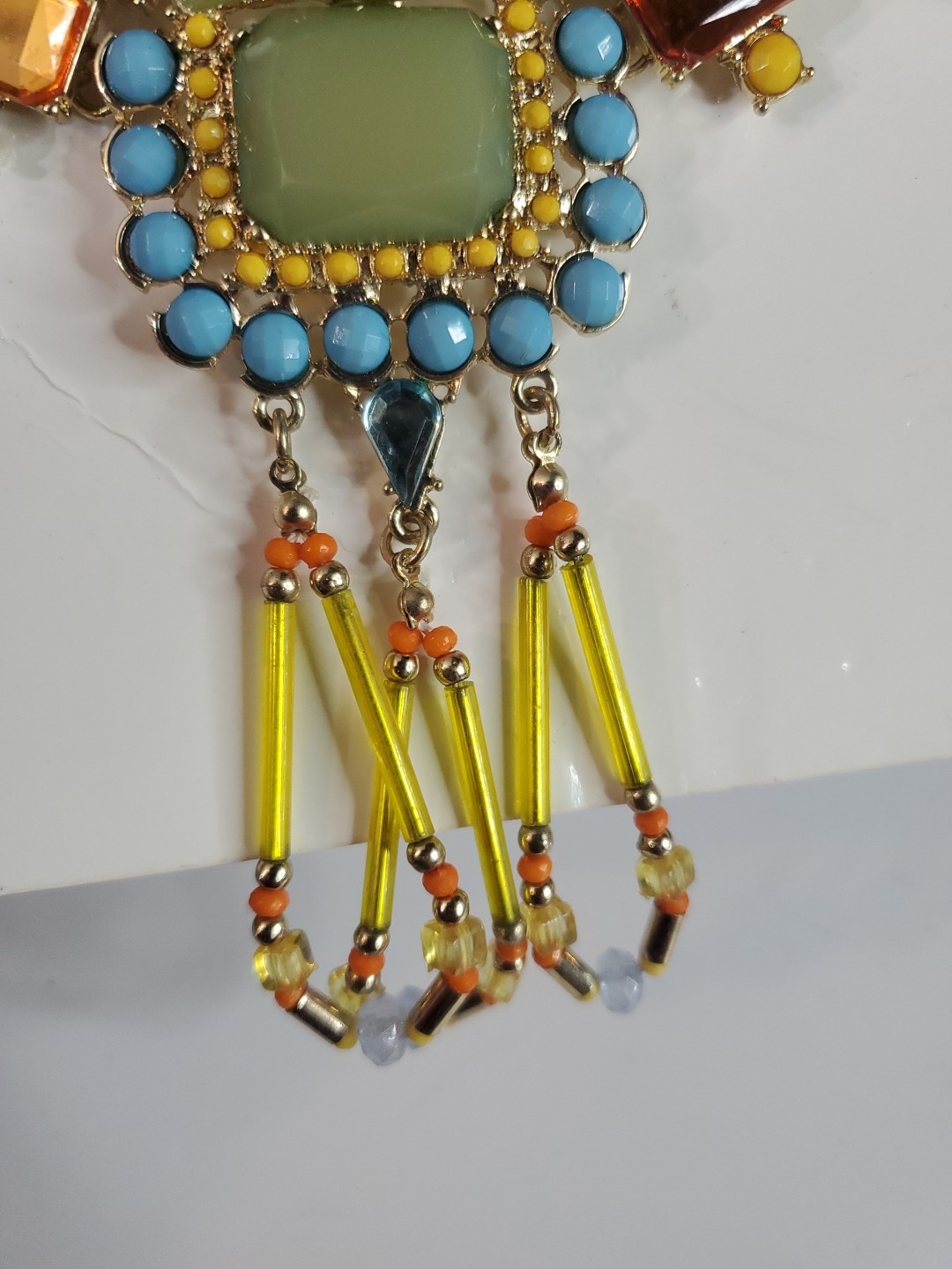 H&M NECKLACE Unique! Rustic Metal Large Blue Rectangle Rhinestones & Bead Choker