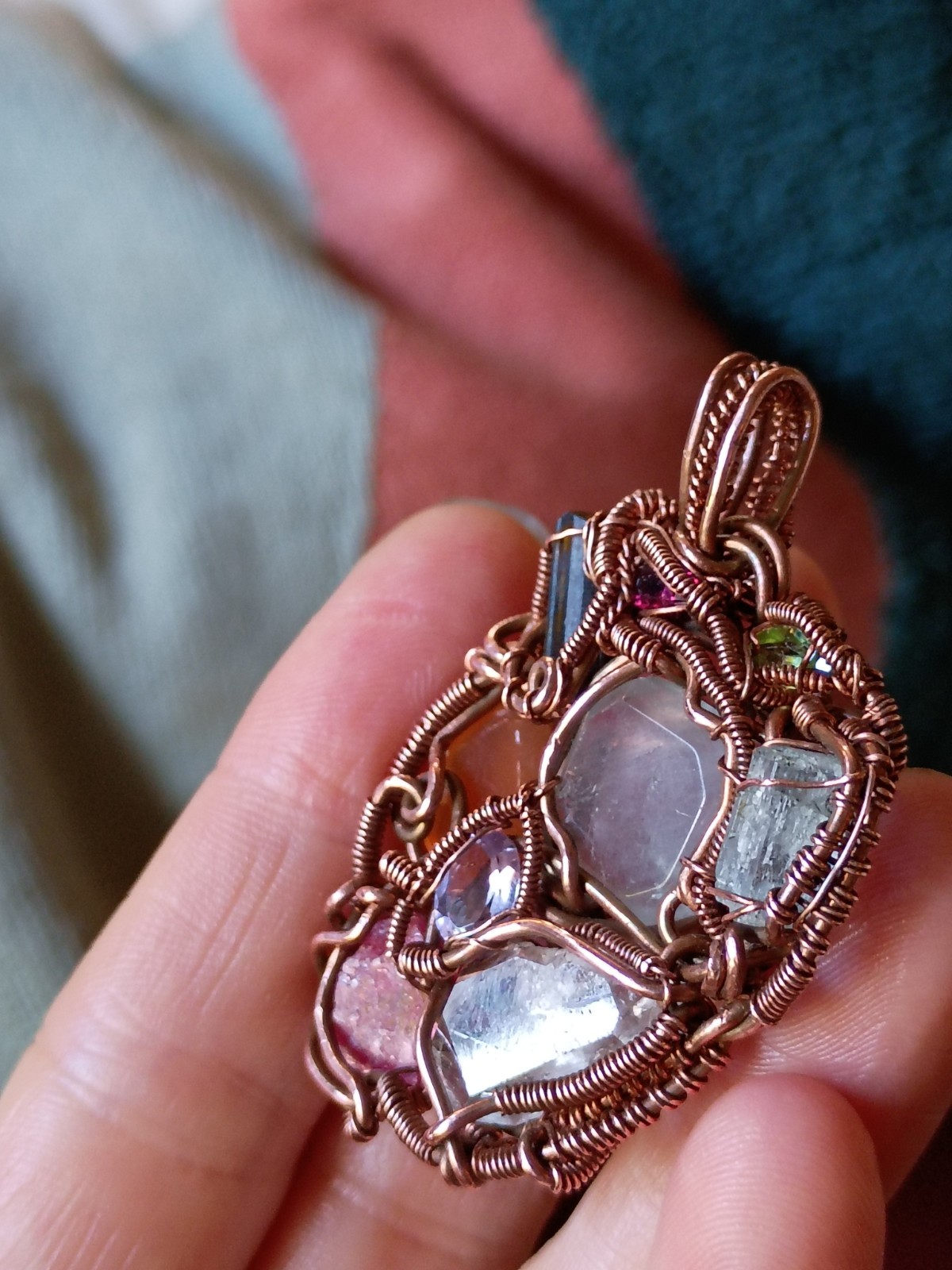 Multicolor Multiple Gem Stone Pendant Necklace Copper Wirewrap Amulet