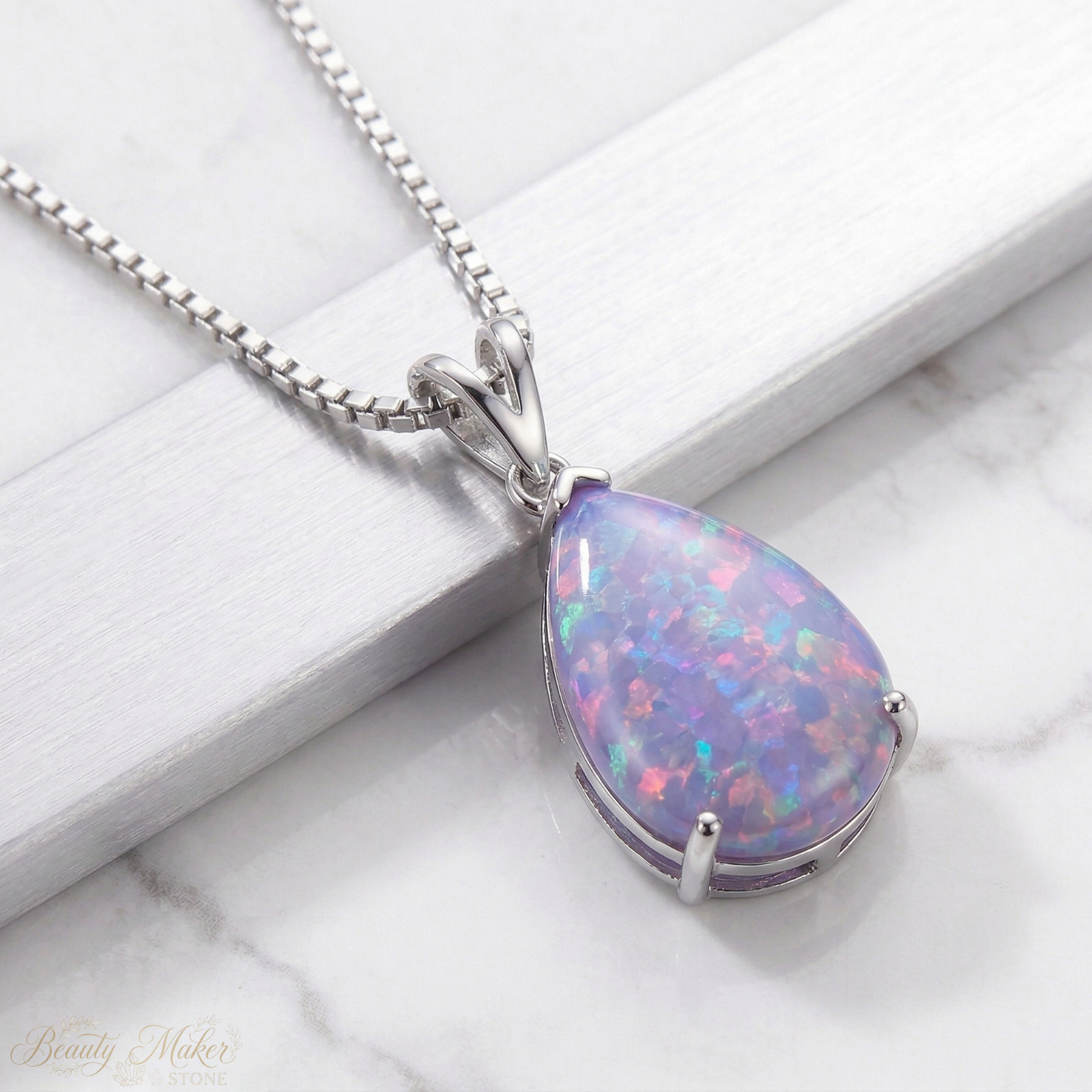 Amethyst Purple Fire Opal Pear Necklace Crystal Pendant For Her Anniversary Gift