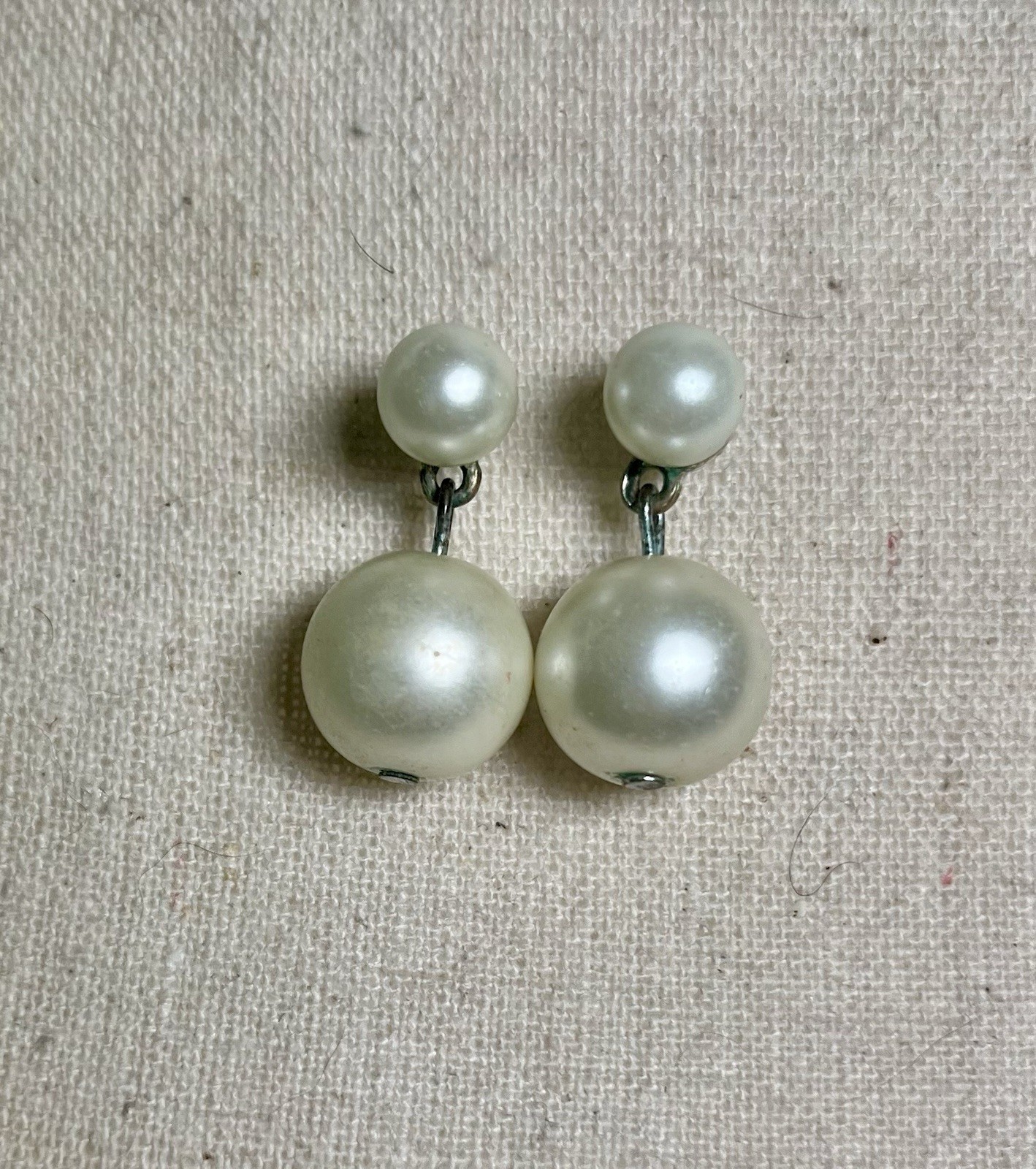 Double Pearl Drop Dangle Earrings White Faux Pearl Post Back VTG Style Old Money