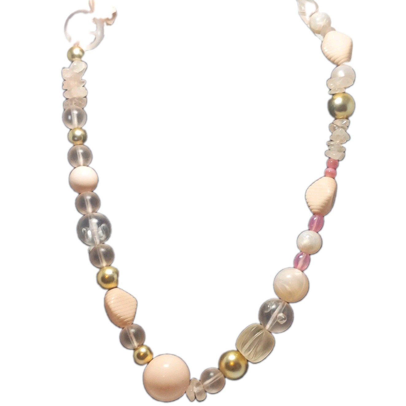 Vintage Multi Beaded Acrylic And Rose Quartz Soft Pink Gold White Clear Necklace