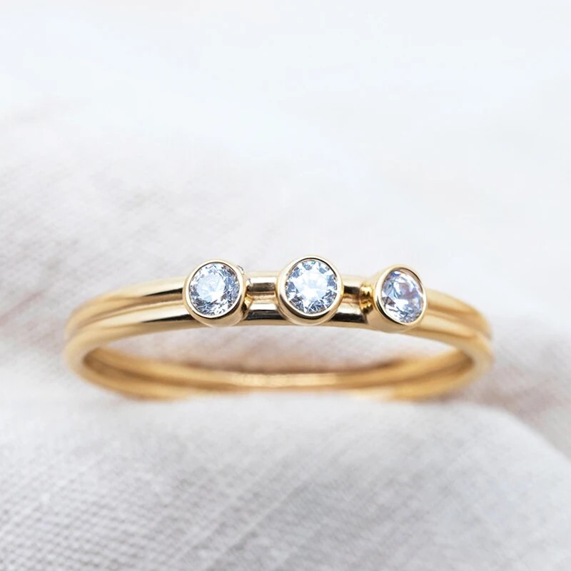 14K Yellow Gold Plated Three Stone Moissanite Bezel Set Women Wedding Band Ring