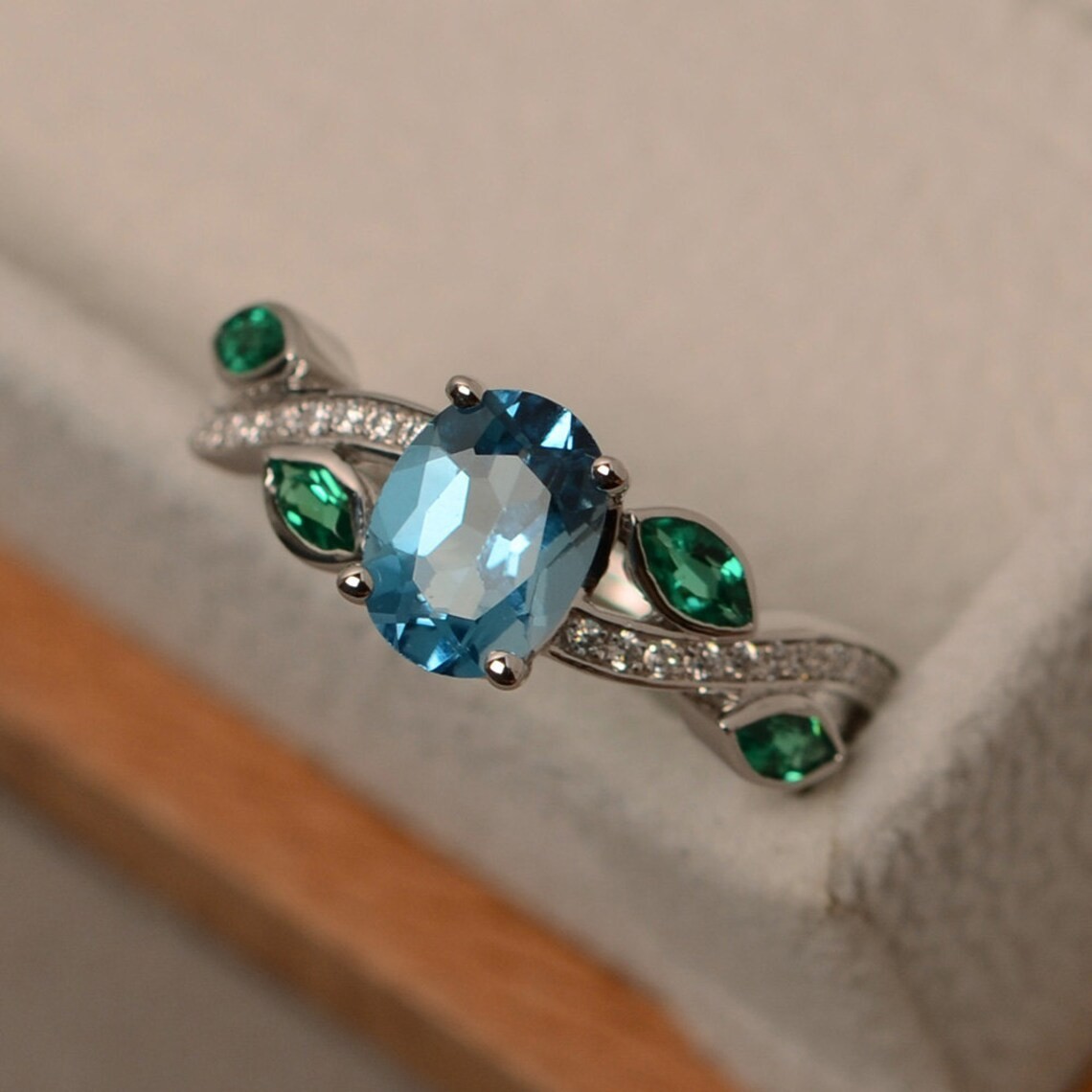 2CT Blue Topaz Gemstone 925 Silver Plated Floral Ring Duty Free