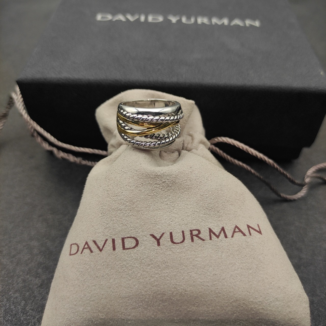 David Yurman 925 Sterling Silver Narrow Crossover Ring with 18k Gold Size 7