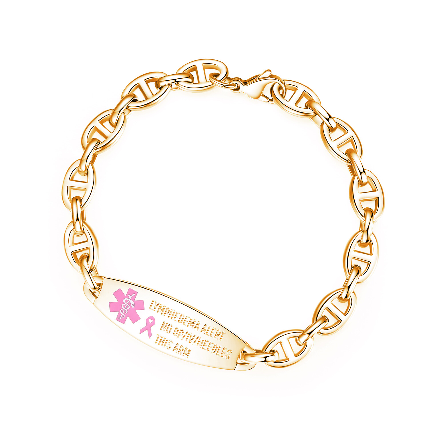 CUSTOM ENGRAVE Lymphedema Pink Ribbon Alert No BP/IV Needles Oval Link Bracelet