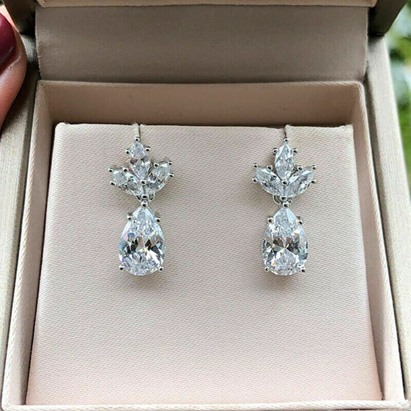 3.00Ct Pear Cut Simulated Diamond Drop & Dangle Earrings 14K White Gold Plated