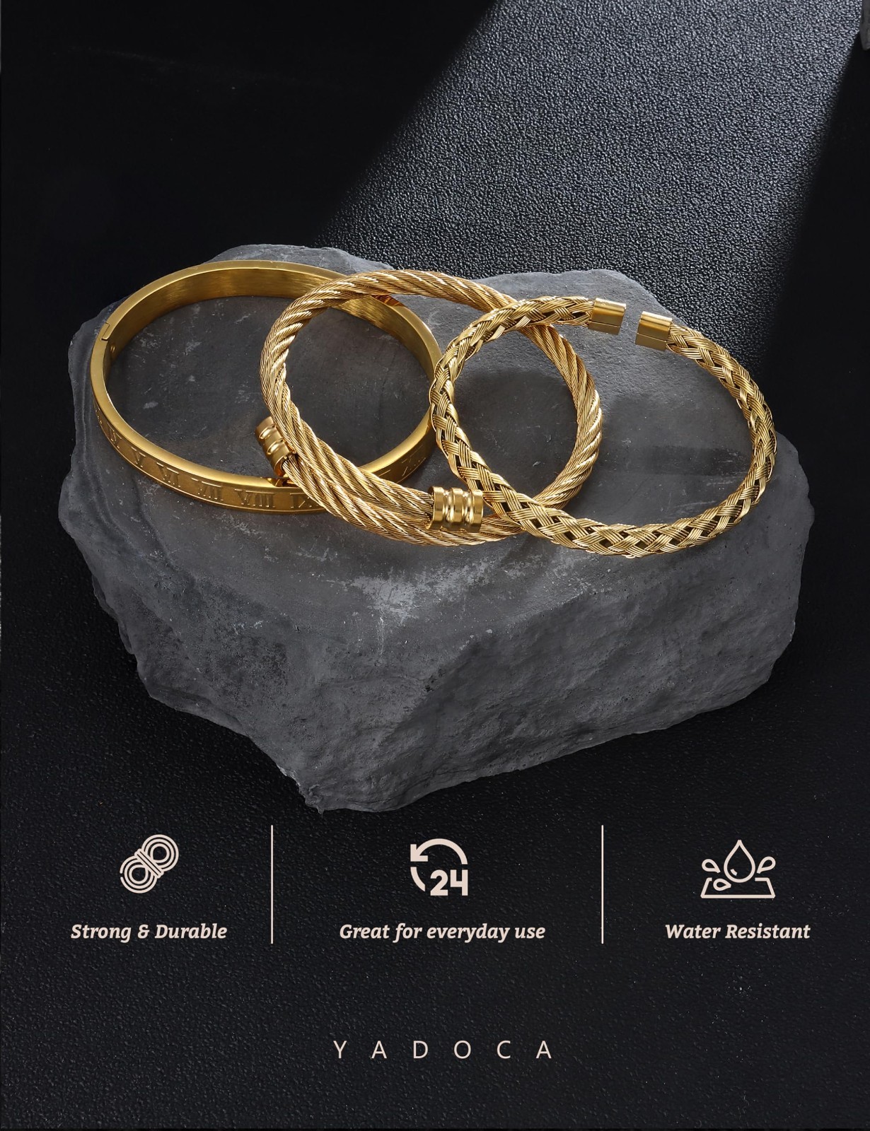 3Pcs Men’s Stainless Steel Adjustable Bracelets – Roman Numeral & Twisted Cable