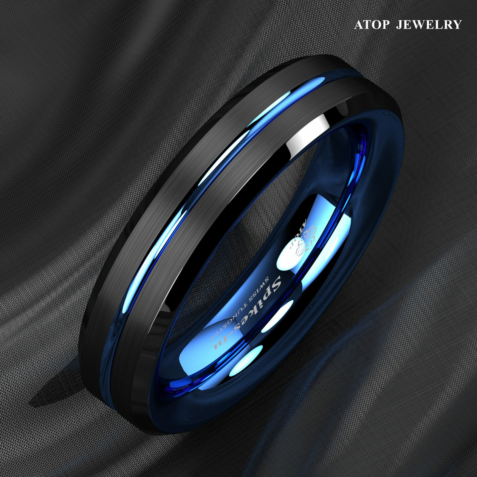 8/6mm Tungsten Men’s Ring Thin Blue Line-Inside Black Brushed Band ATOP Jewelry