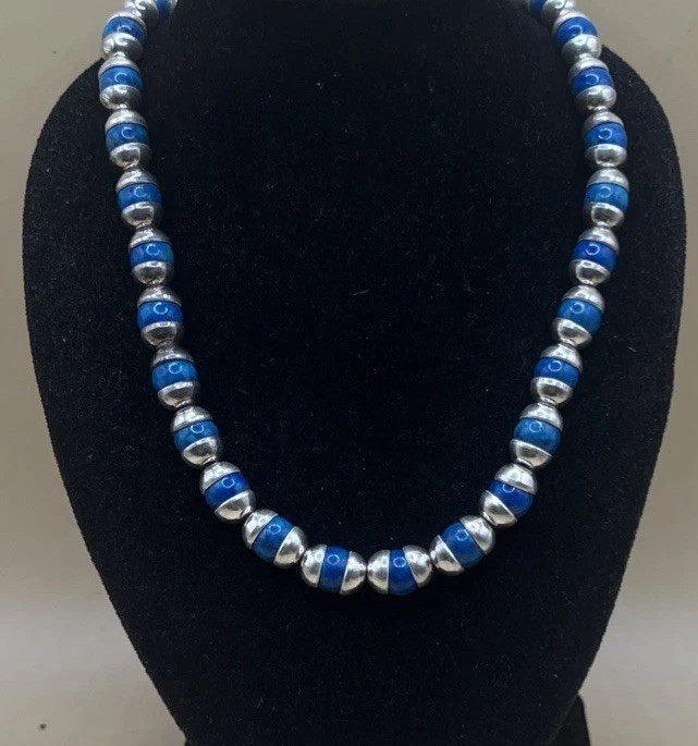 Taxco Mexico Blue Turquoise Bead Set Sterling Silver Necklace 22.5in (55.1g)