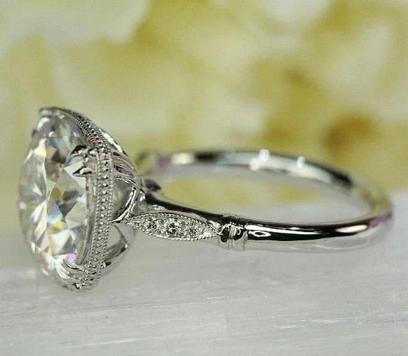 Art Deco Style Round Lab Created Moissanite Engagement 14K White Gold FN Ring