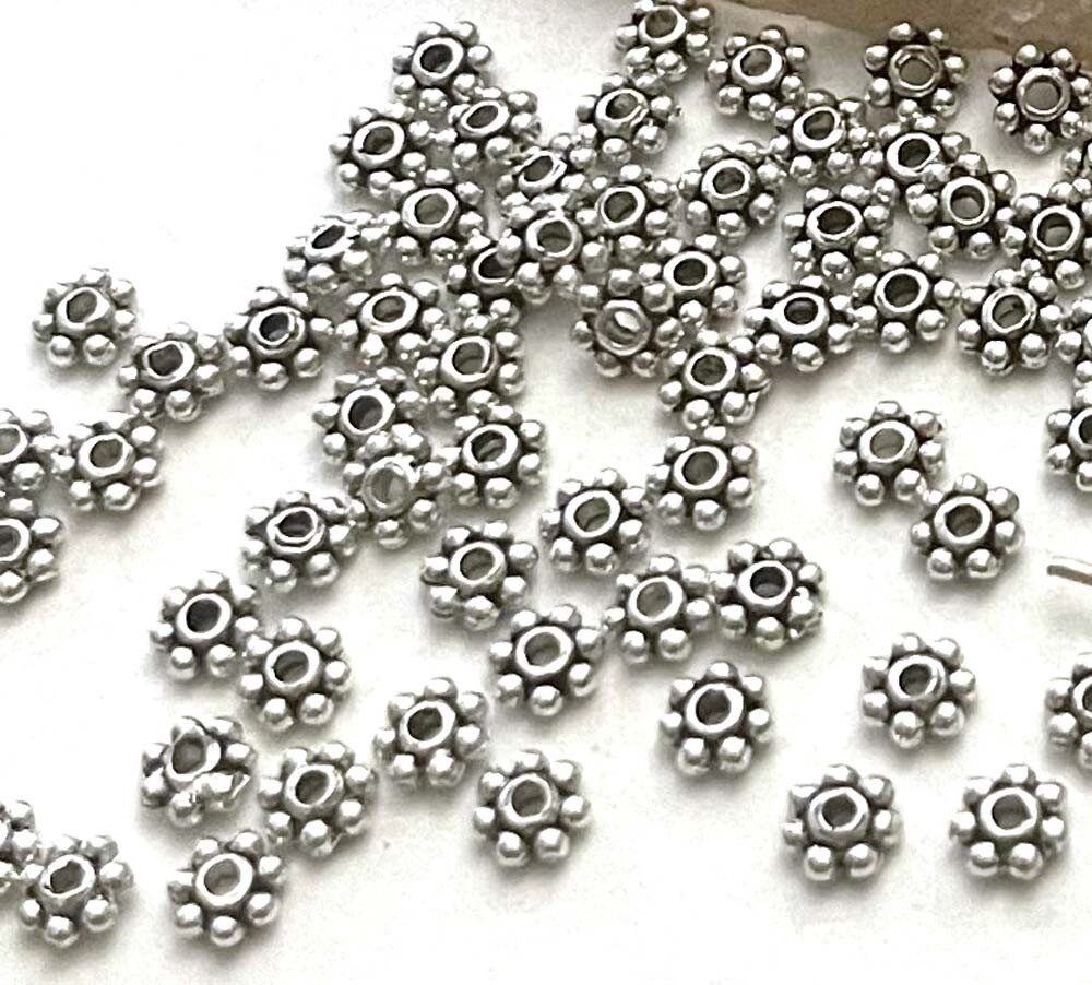 50 Antique Silver Pewter Daisy Flower Spacer Tiny Beads 4mm