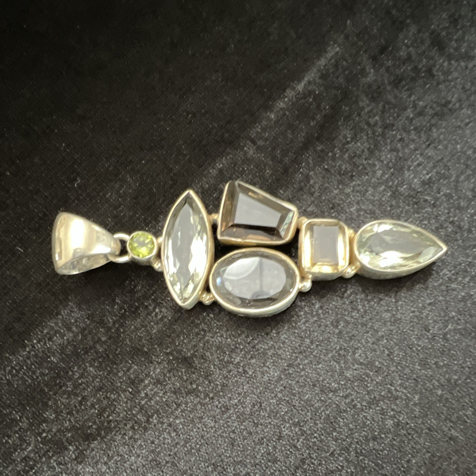 Silver Tone Multi-Stone Bezel Set Asymmetrical Charm Pendant, 5 Mixed Shapes