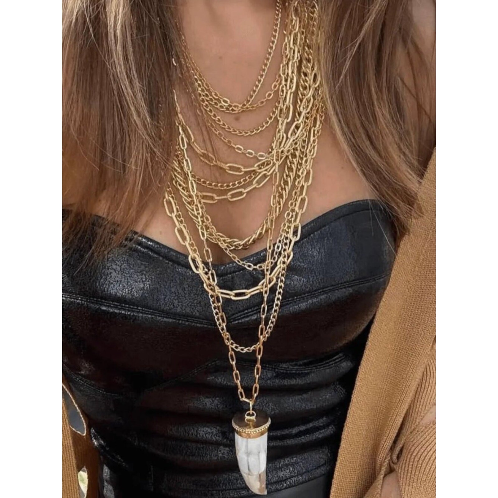 Gold Layered Chain Necklace with White Horn Pendant Boho Statement Jewelry