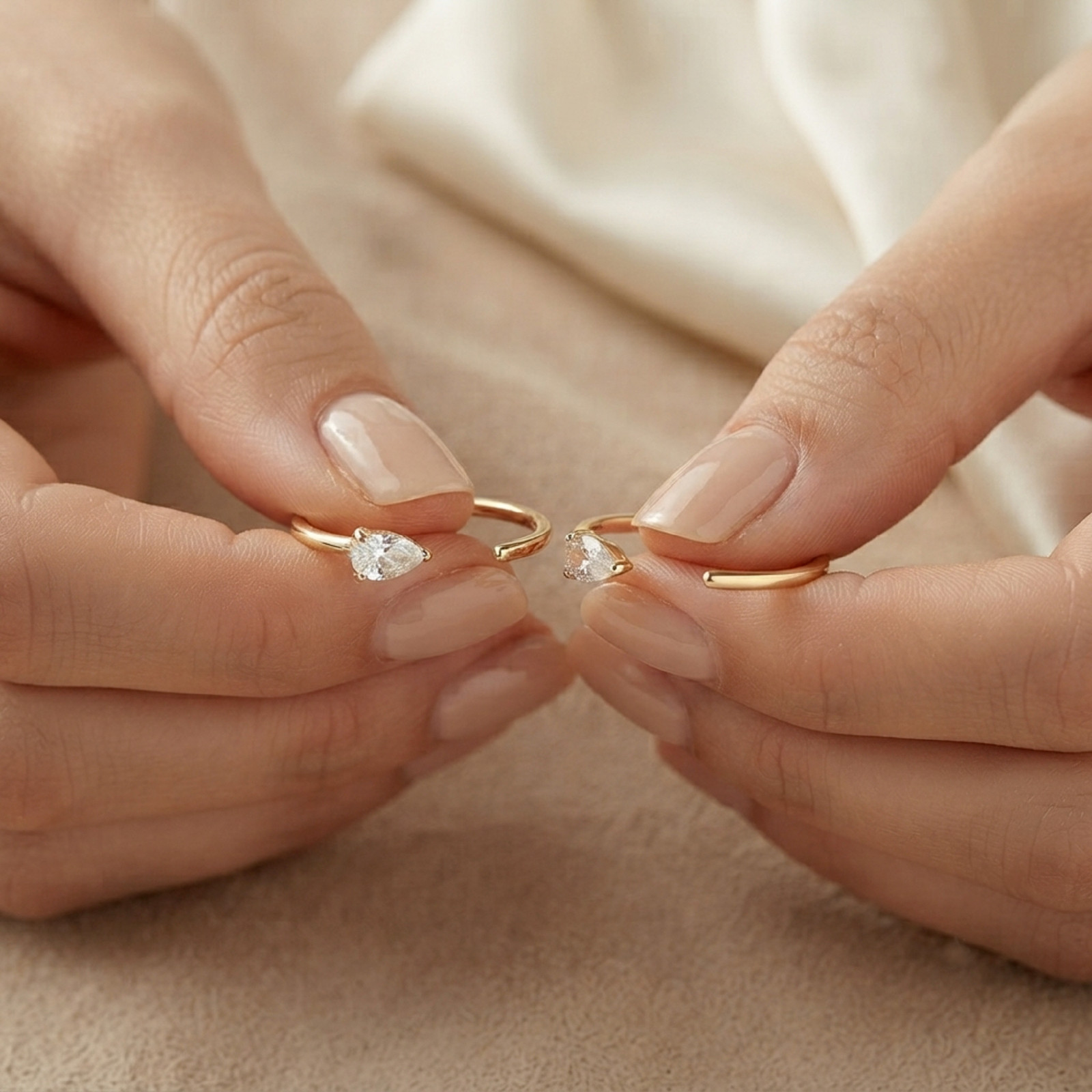 10K Solid Gold Tiny Pear Open Hoop Earrings Moissanite Diamond Dewdrop For Women