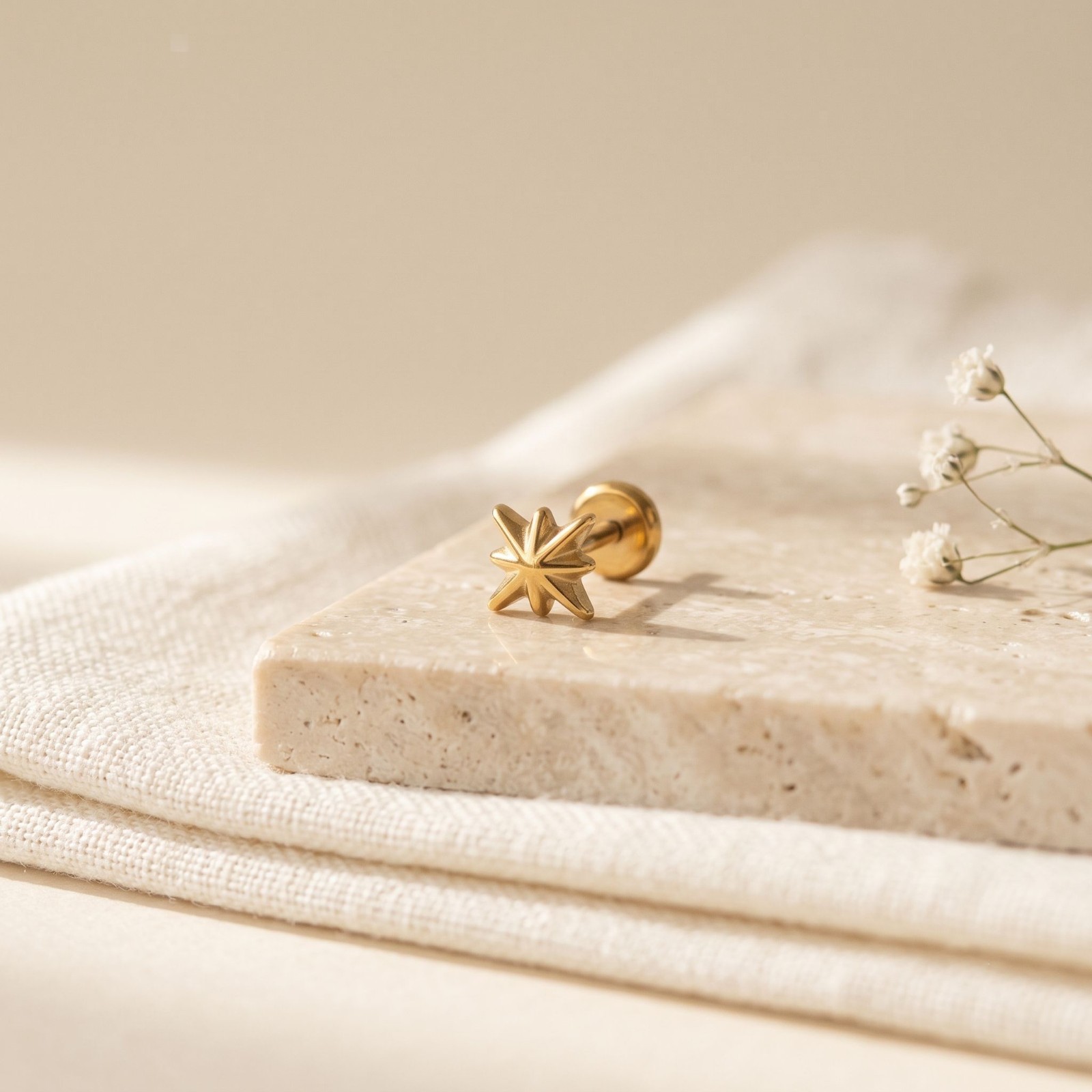 Mini Starburst Flat Back Earrings 14K Gold Plated Titanium Threadless Labret