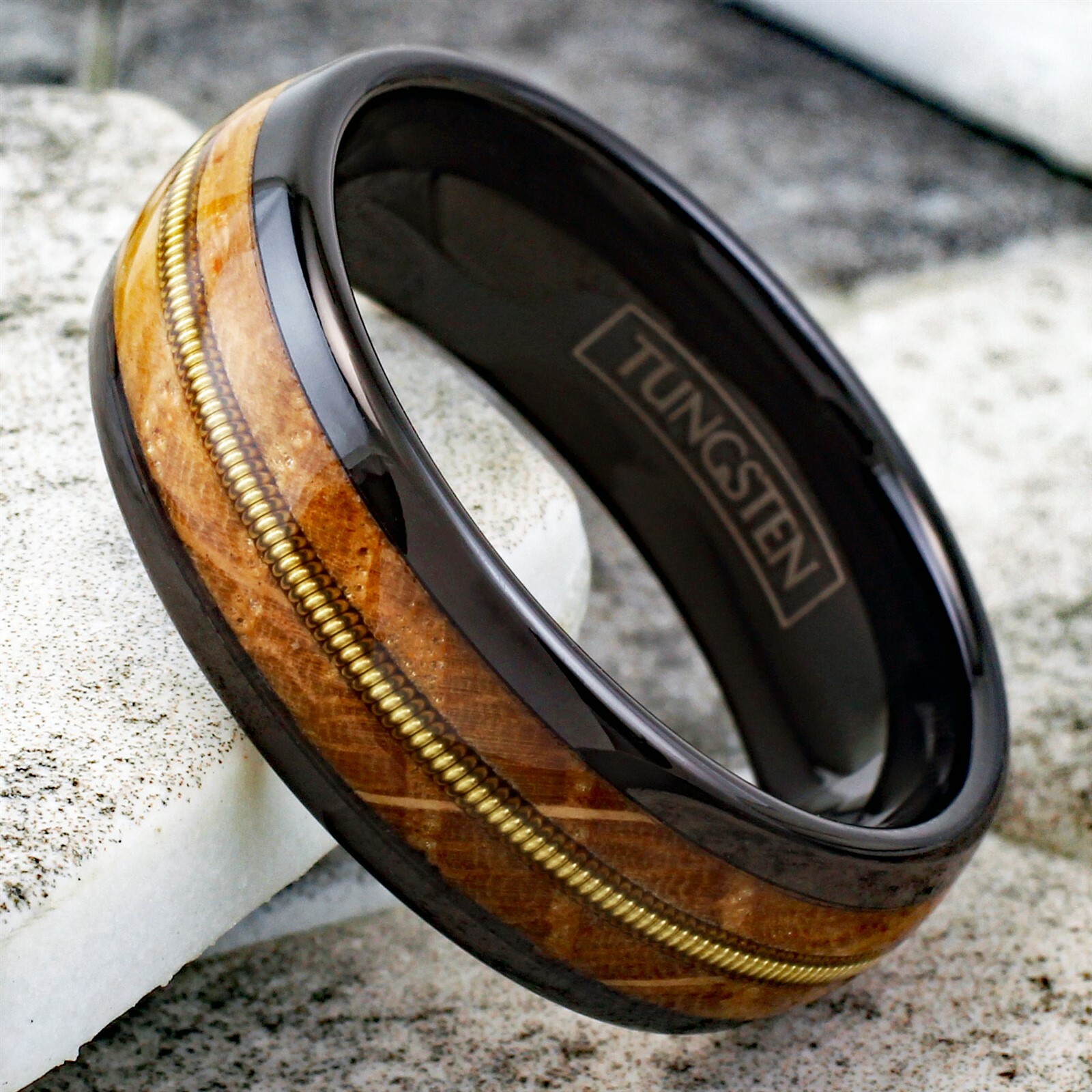 Engraved 8mm Black Tungsten Whiskey Barrel Wood w/ Guitar String Men’s Band Ring