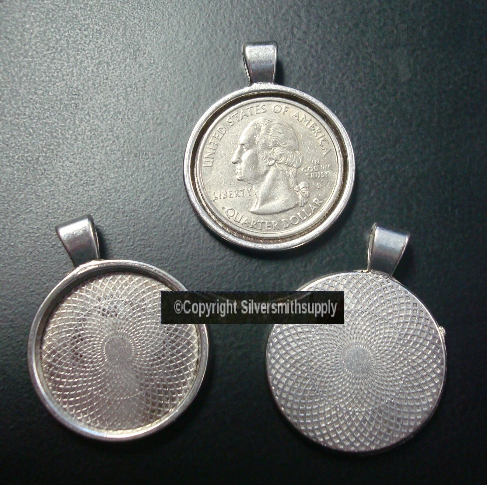 3 Bezel cup tray settings Silver plt holds 25mm cabochon bailed pendants GPB058