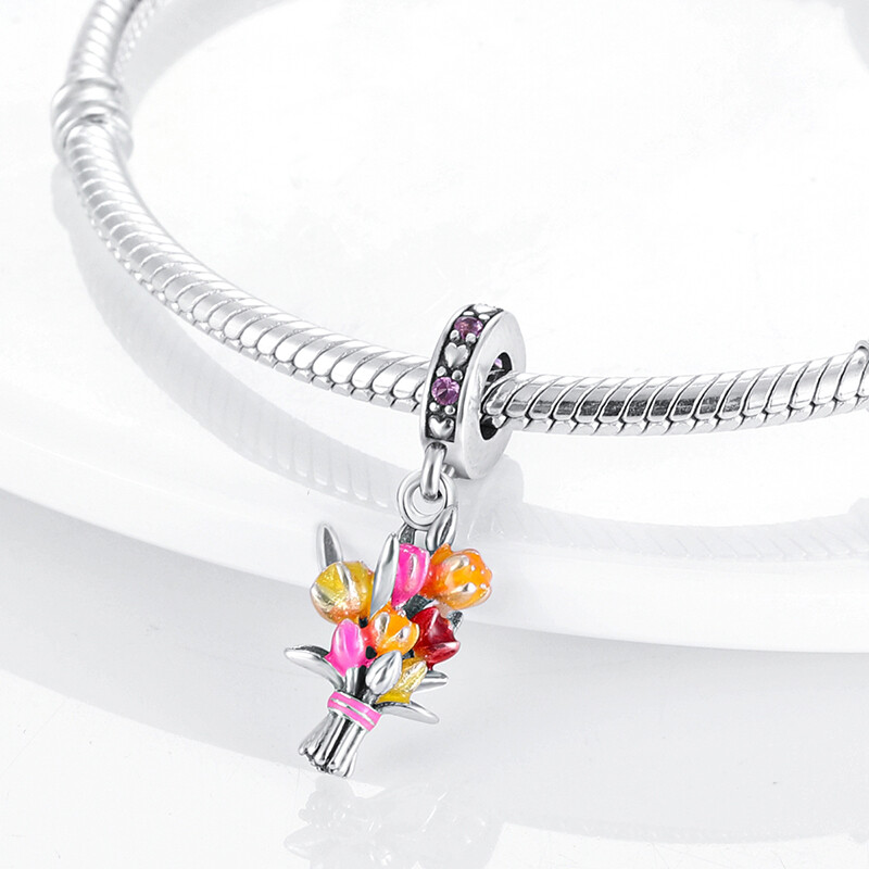 MULA European Silver Plated Charms AAA CZ Enamel Carnation For Women Bracelet