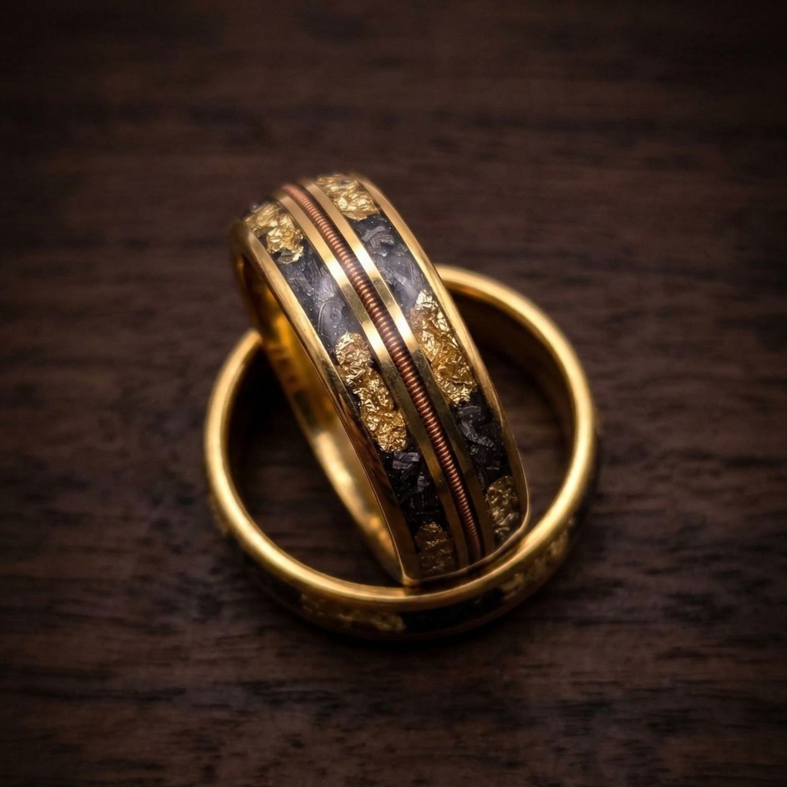 Meteorite Gold Leaf Tungsten Wedding Band – Men’s Yellow Gold Guitar String Ring