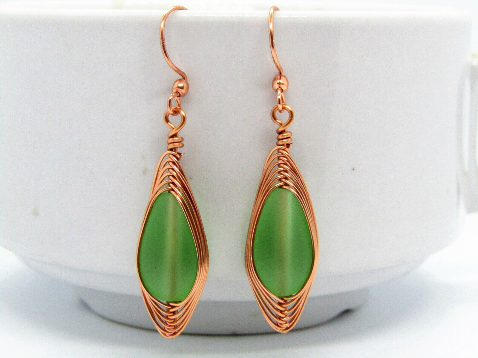 Green Sea Glass Teardrop, Copper Wire Braided Dangle Earrings, Beach Fashion