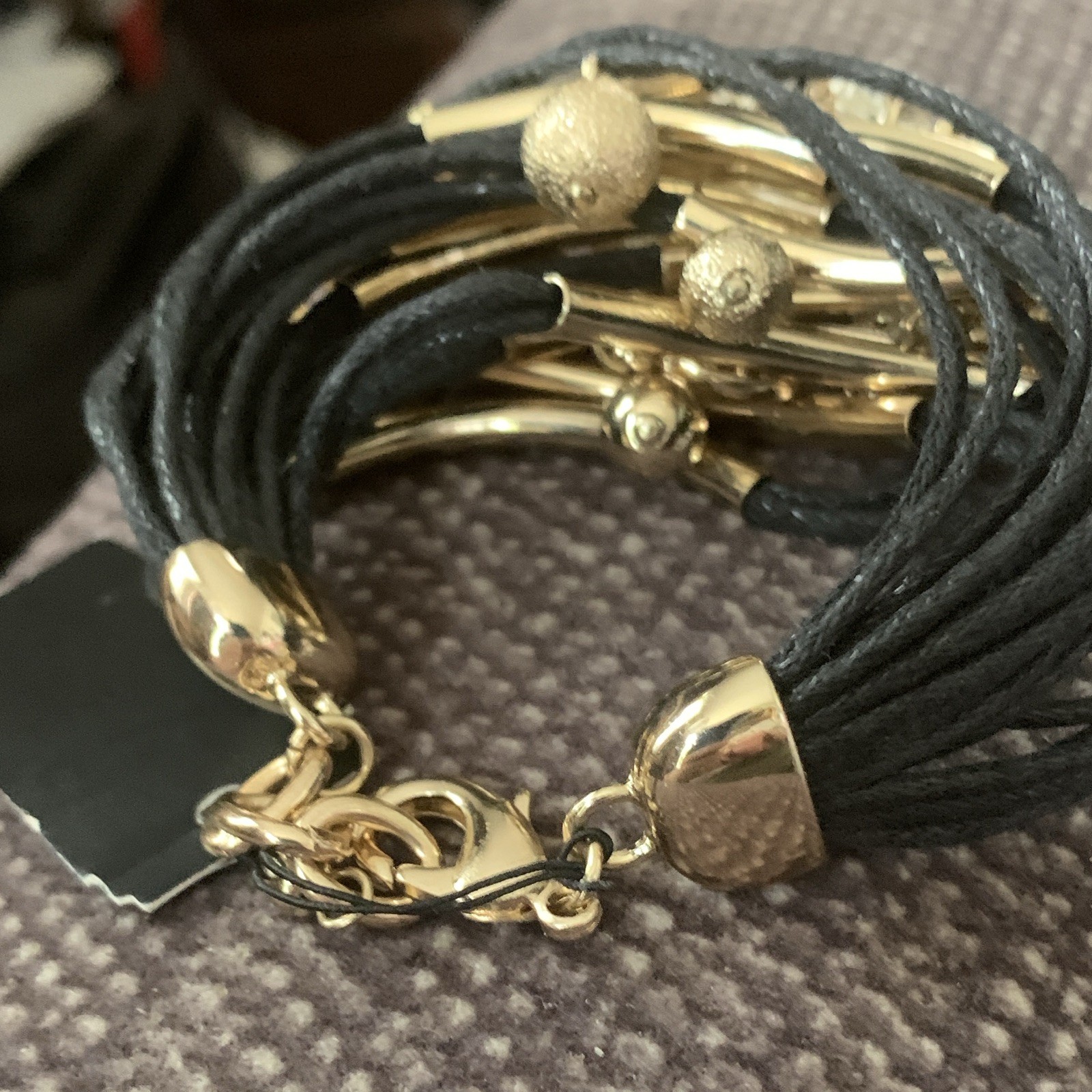 scroll & vine Signed Gold Tone Black Cord Multi-Row Charm Bracelet w/ Crystals