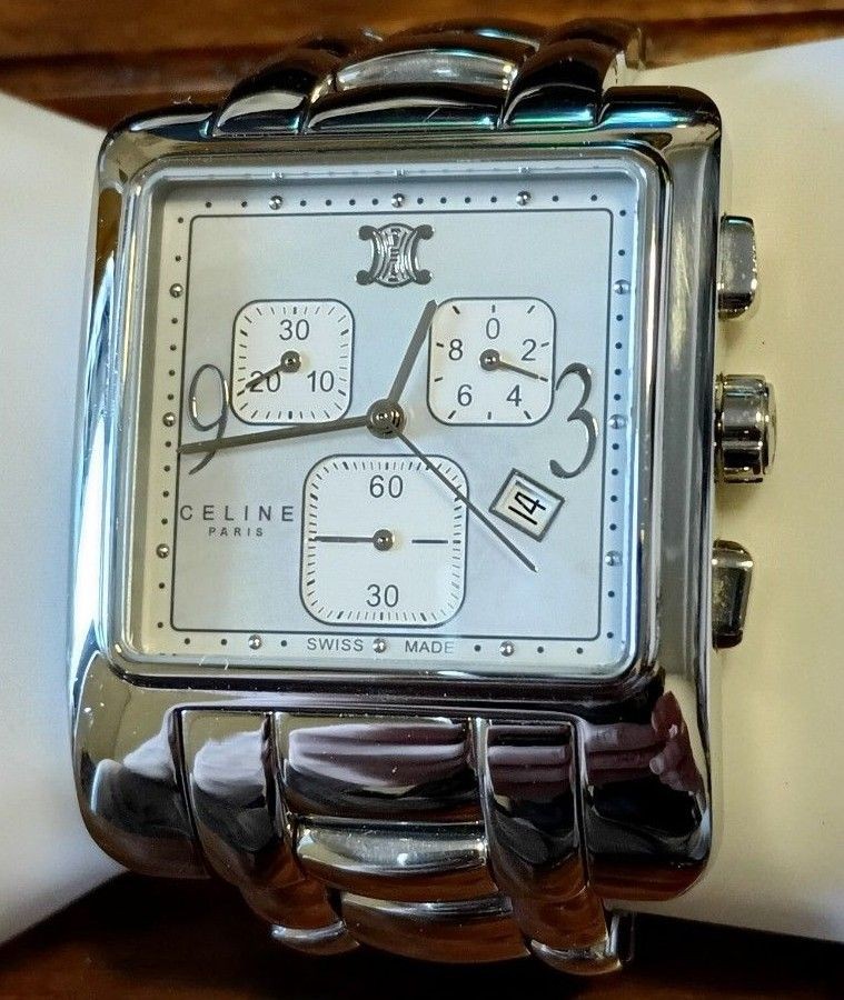 [B1P] CELINE Carre Chronograph Quartz White Shell Dial Watch [v5r]