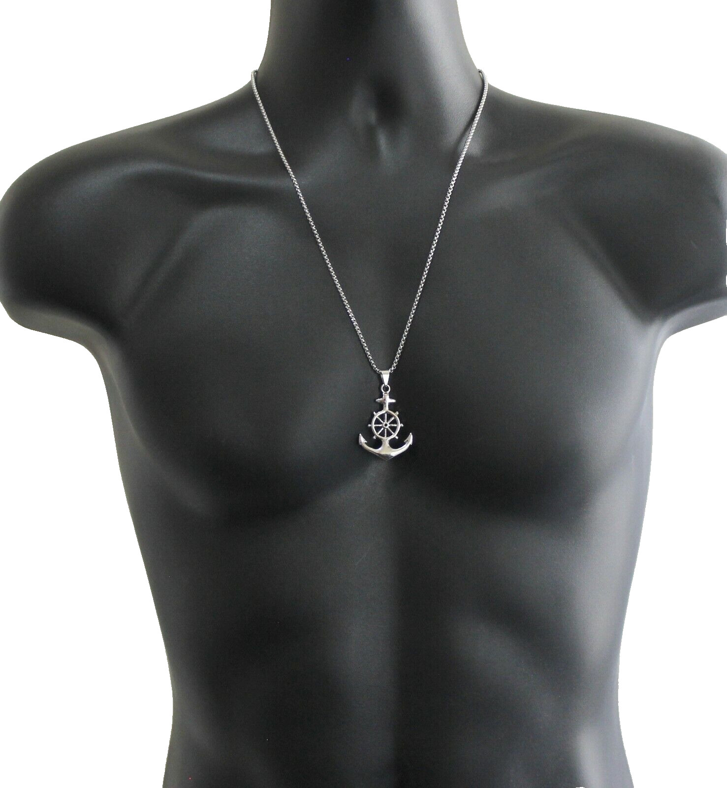 Anchor Wheel Captain Pendant Necklace Stainless Steel 24″ Chain