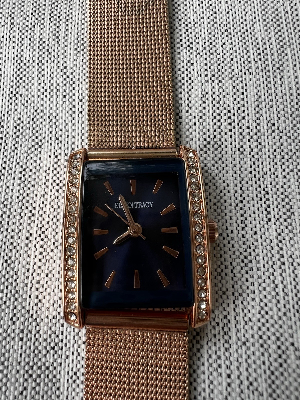 Ellen Tracy Women’s Rectangle Watch Blue Dial Rose Gold Tone Crystal Bezel