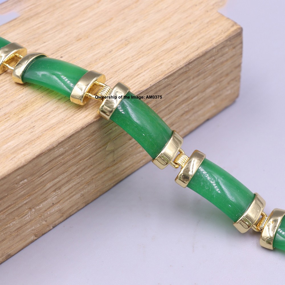 Gold Plated Alloy 10mm Rectangle Green Jade Women’s Bracelet 7.48inch